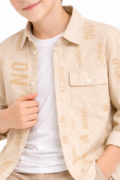 Bej Yazı Baskılı Gömlek Beyaz Tişörtlü Erkek Çocuk 2li Takım 20139