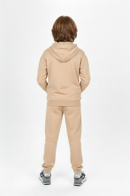 Bej Yazı Baskılı Kapüşonlu Hırkalı Erkek Çocuk Eşofman Takımı 19225