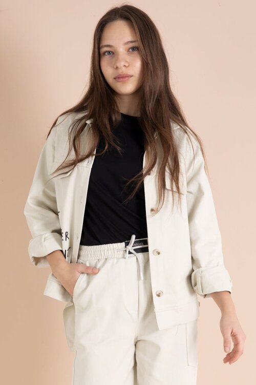 Bej Yazı Detaylı Gömlekli Kız Çocuk Pantolonlu Gabardin Takım 23565