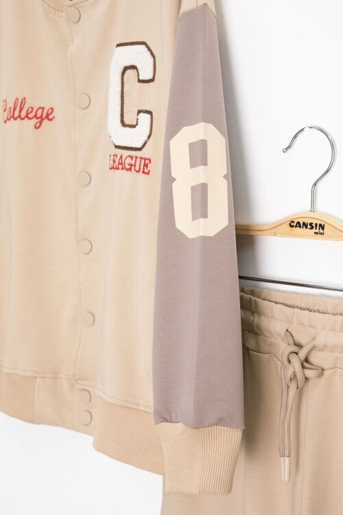 Bej Yazı Nakışlı Kolej Ceketli Erkek Çocuk Eşofman Takımı 21225