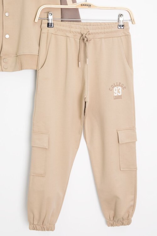 Bej Yazı Nakışlı Kolej Ceketli Erkek Çocuk Eşofman Takımı 21225