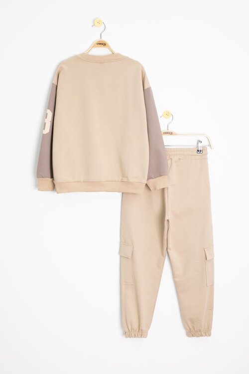 Bej Yazı Nakışlı Kolej Ceketli Erkek Çocuk Eşofman Takımı 21225