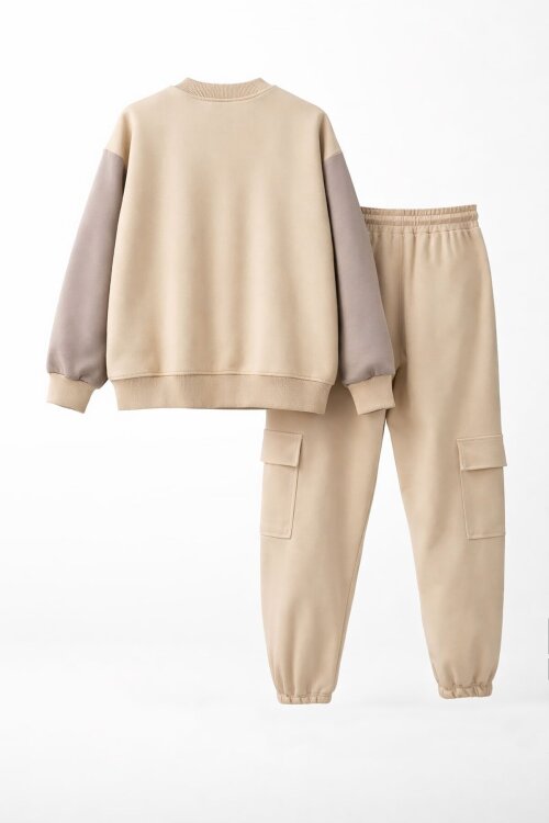 Bej Yazı Nakışlı Kolej Ceketli Erkek Çocuk Eşofman Takımı 21225