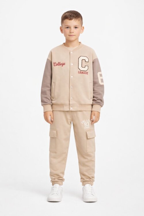Bej Yazı Nakışlı Kolej Ceketli Erkek Çocuk Eşofman Takımı 21225