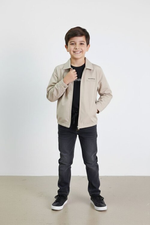 Bej Yazılı Ceketli Jean Pantolonlu Erkek Çocuk 3lü Takım 23377