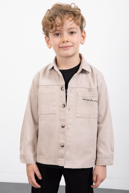 Bej Yazılı Düğmeli Gömlekli Erkek Çocuk Pantolonlu 3lü Takım  23373