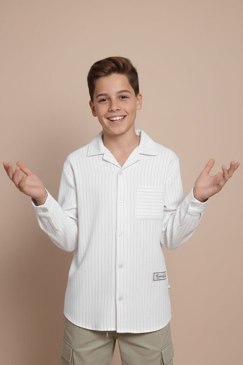 Beyaz Çizgili Gömlekli Paraşüt Pantolonlu Erkek Çocuk 2li Takım 23261