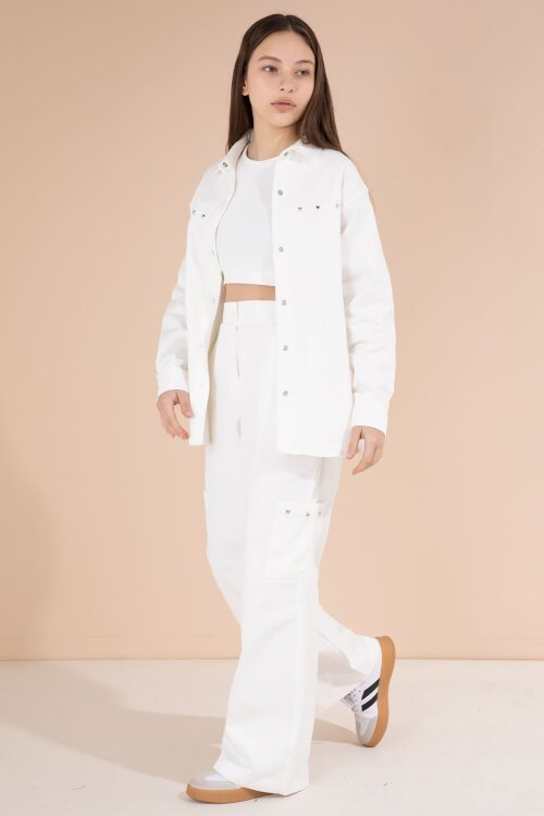 Beyaz Kalp İşlemeli Gömlekli Geniş Paça Pantolonlu Kız Çocuk Gabardin Takım 23553