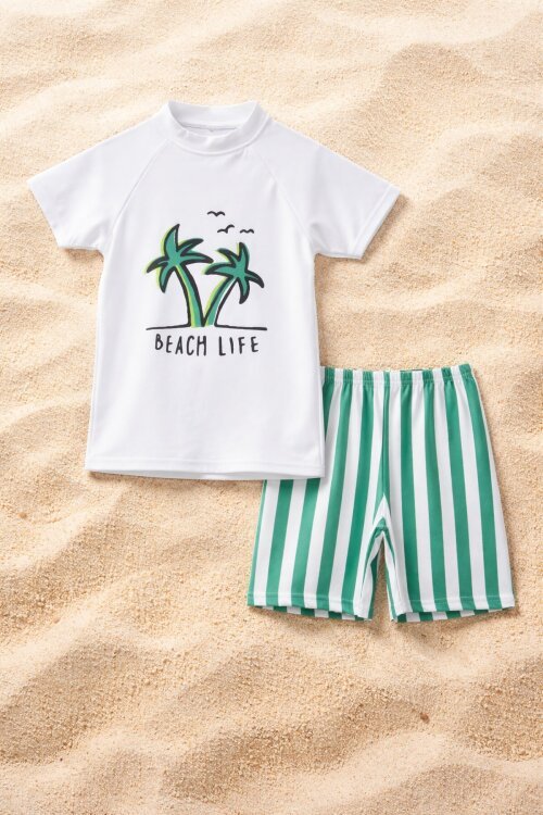 Beyaz Palmiye Baskılı Çizgili Şortlu Erkek Çocuk Şortlu Mayo Takımı 21152