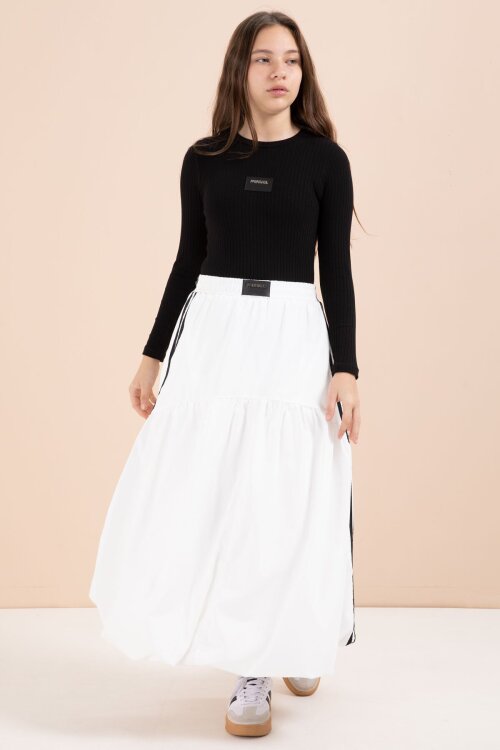 Beyaz Şeritli Balon Etekli Uzun Kol Badili 2li Kız Çocuk Takım 23464