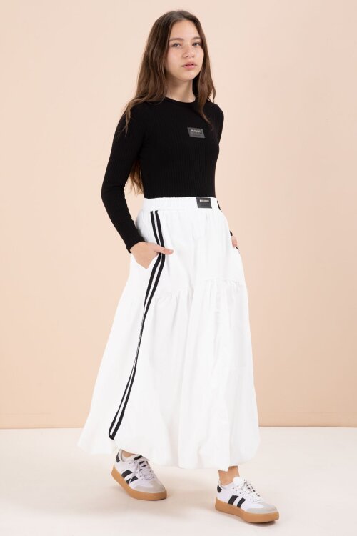 Beyaz Şeritli Balon Etekli Uzun Kol Badili 2li Kız Çocuk Takım 23464