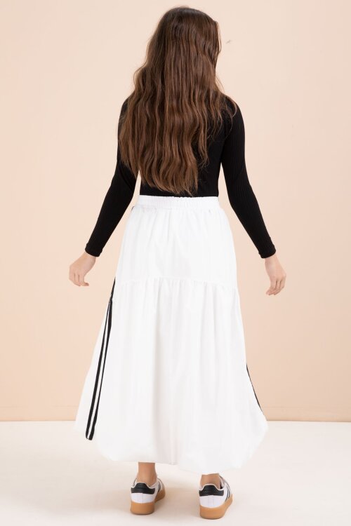 Beyaz Şeritli Balon Etekli Uzun Kol Badili 2li Kız Çocuk Takım 23464