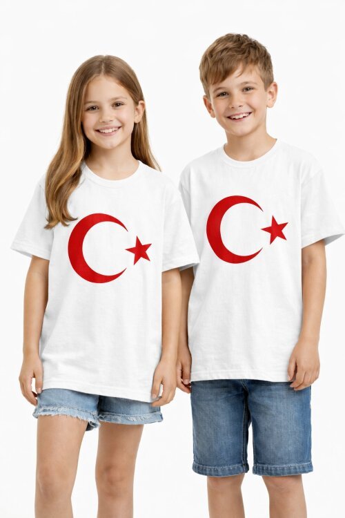 Beyaz Türk Bayrağı Baskılı Bisiklet Yaka Çocuk T-shirt 20551