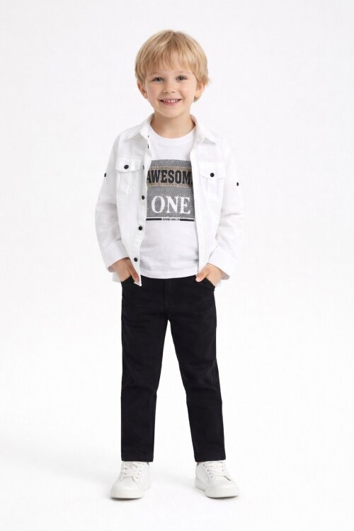 Beyaz Uzun Kol Düğmeli Gömlekli Tişörtlü Erkek Çocuk 3lü Pantolonlu Takım  23756