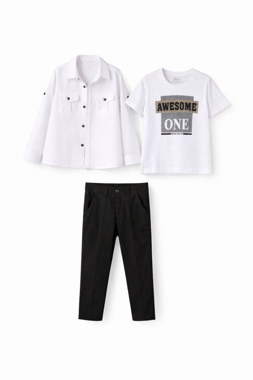 Beyaz Uzun Kol Düğmeli Gömlekli Tişörtlü Erkek Çocuk 3lü Pantolonlu Takım  23756