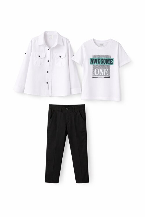 Beyaz Uzun Kol Düğmeli Gömlekli Tişörtlüi Erkek Çocuk 3lü Pantolonlu Takım  23756