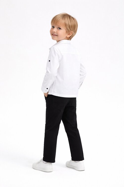 Beyaz Uzun Kol Düğmeli Gömlekli Tişörtlüi Erkek Çocuk 3lü Pantolonlu Takım  23756