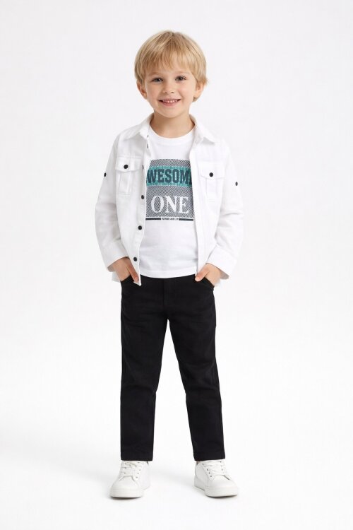 Beyaz Uzun Kol Düğmeli Gömlekli Tişörtlüi Erkek Çocuk 3lü Pantolonlu Takım  23756