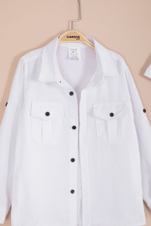 Beyaz Uzun Kol Düğmeli Gömlekli Tişörtlüi Erkek Çocuk 3lü Pantolonlu Takım  23756