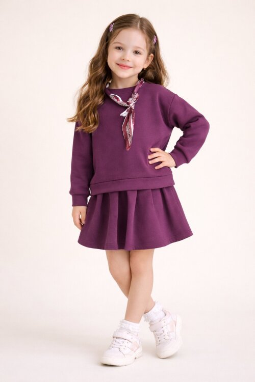 Bordo Fular Detaylı Badili Etekli Kız Çocuk 2li Takım  23533