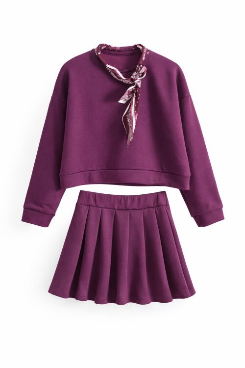 Bordo Fular Detaylı Badili Etekli Kız Çocuk 2li Takım  23533