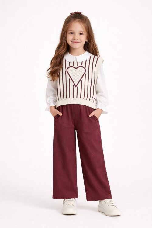 Bordo Kalp Desen Süveterli Gömlekli Kız Çocuk Pantolonlu 3lü Takım 23735