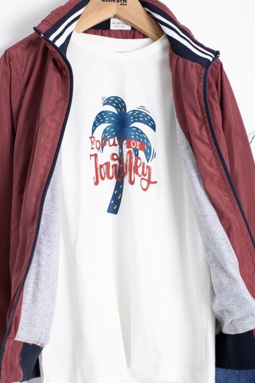 Bordo Palmiye Baskılı Tişörtlü Erkek Çocuk Ceketli 3lü Takım 18837