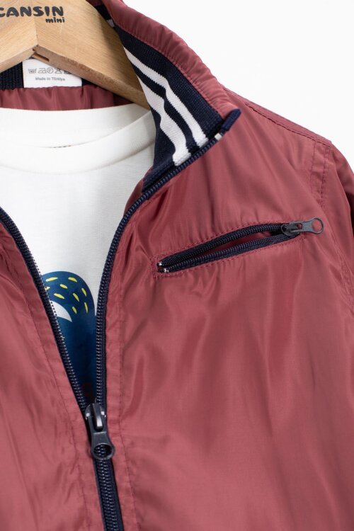 Bordo Palmiye Baskılı Tişörtlü Erkek Çocuk Ceketli 3lü Takım 18837