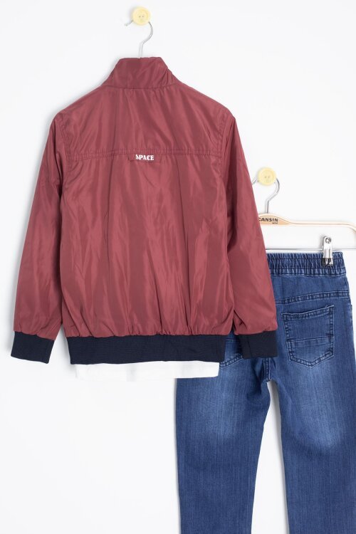 Bordo Palmiye Baskılı Tişörtlü Erkek Çocuk Ceketli 3lü Takım 18837