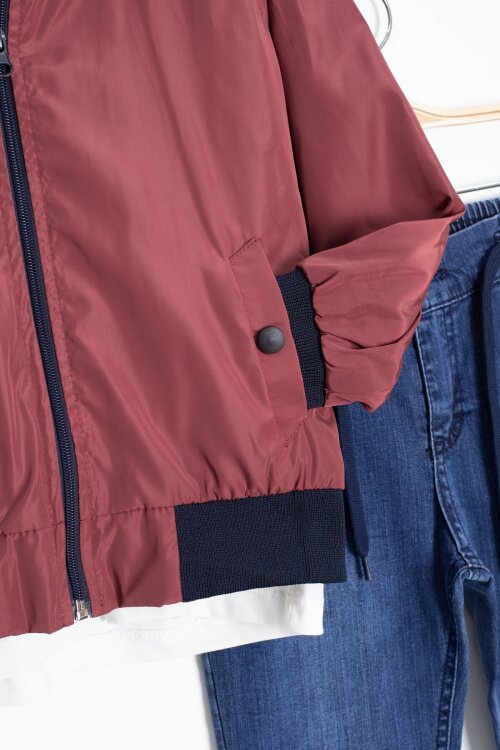 Bordo Palmiye Baskılı Tişörtlü Erkek Çocuk Ceketli 3lü Takım 18837