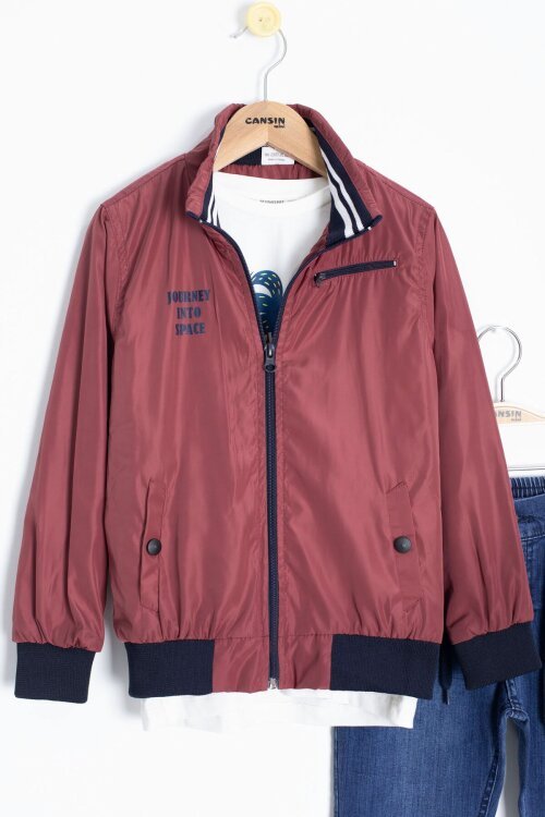 Bordo Palmiye Baskılı Tişörtlü Erkek Çocuk Ceketli 3lü Takım 18837