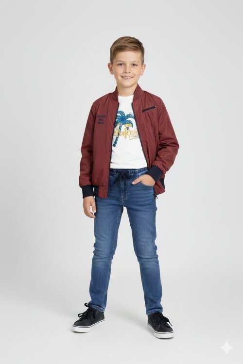 Bordo Palmiye Baskılı Tişörtlü Erkek Çocuk Ceketli 3lü Takım 18837