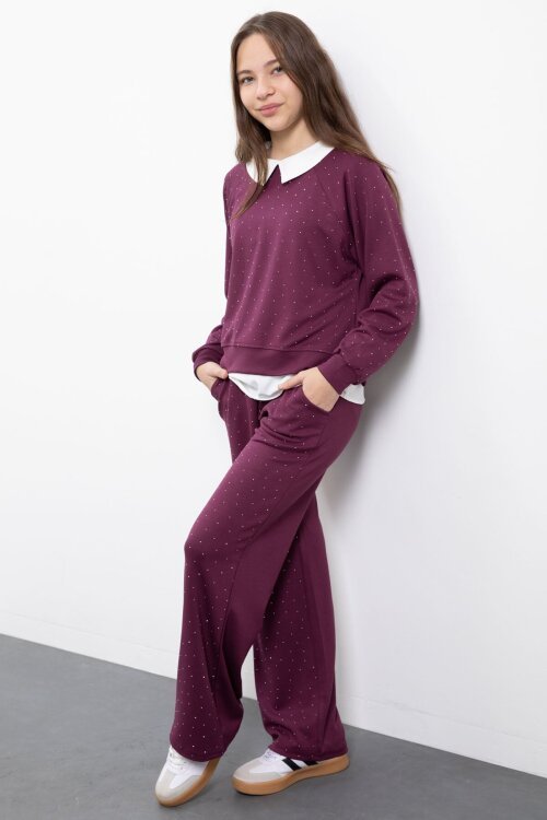 Bordo Taş Detaylı  Pantolonlu Kız Çocuk 3lü Gömlekli Takım  23479