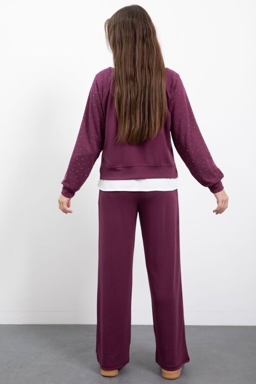 Bordo Taş Detaylı  Pantolonlu Kız Çocuk 3lü Gömlekli Takım  23479