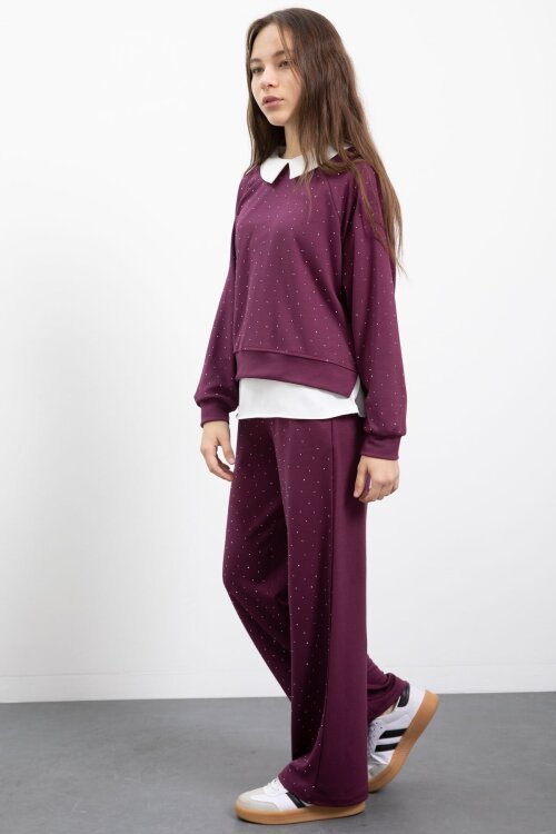 Bordo Taş Detaylı  Pantolonlu Kız Çocuk 3lü Gömlekli Takım  23479