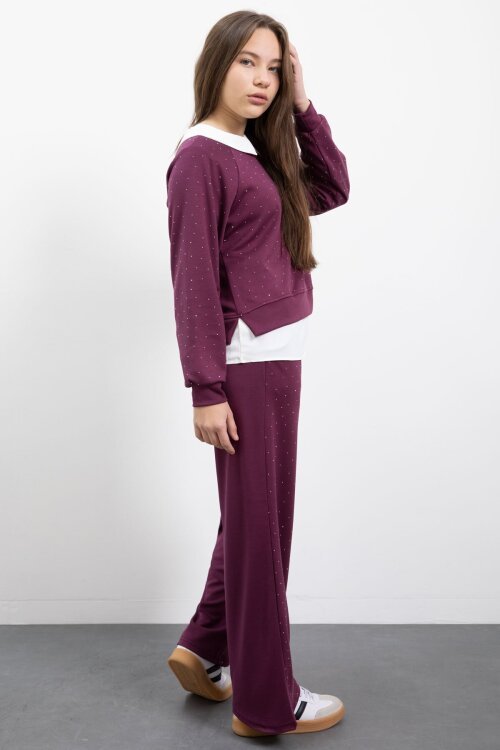 Bordo Taş Detaylı  Pantolonlu Kız Çocuk 3lü Gömlekli Takım  23479