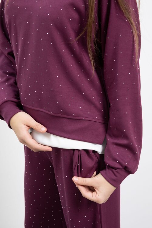 Bordo Taş Detaylı  Pantolonlu Kız Çocuk 3lü Gömlekli Takım  23479