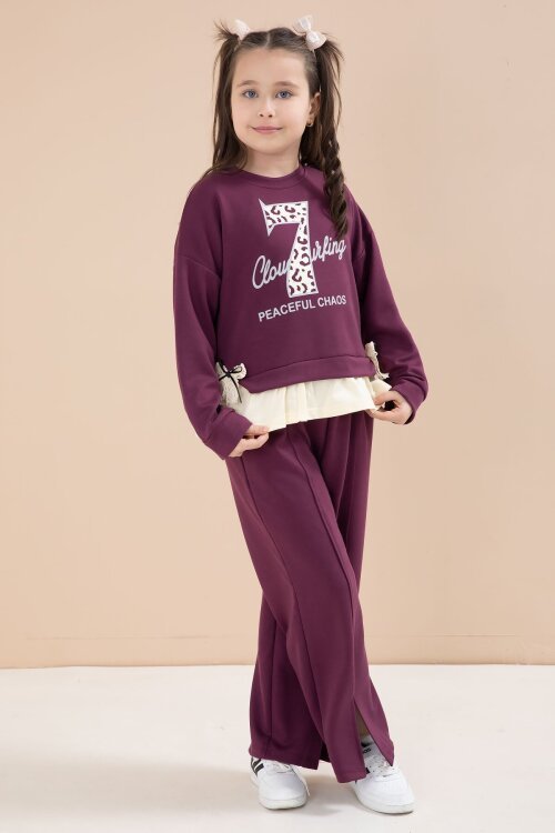 Bordo Yırtmaçlı Pantolonlu Fiyonklu Yazılı Badili Kız Çocuk 2li Takım 23597