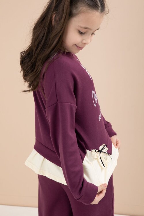 Bordo Yırtmaçlı Pantolonlu Fiyonklu Yazılı Badili Kız Çocuk 2li Takım 23597