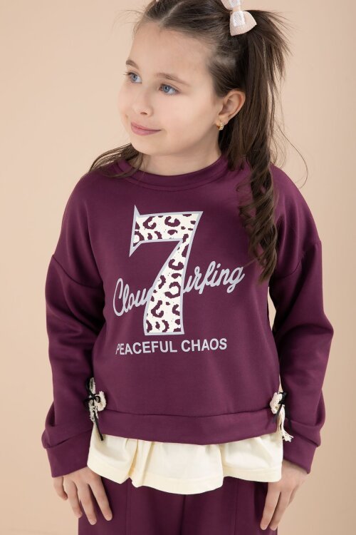 Bordo Yırtmaçlı Pantolonlu Fiyonklu Yazılı Badili Kız Çocuk 2li Takım 23597