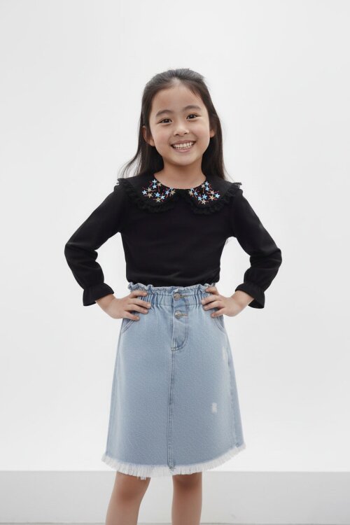 Çiçek Nakışlı Bluzlu Kot Etekli Kız Çocuk Takım 17945