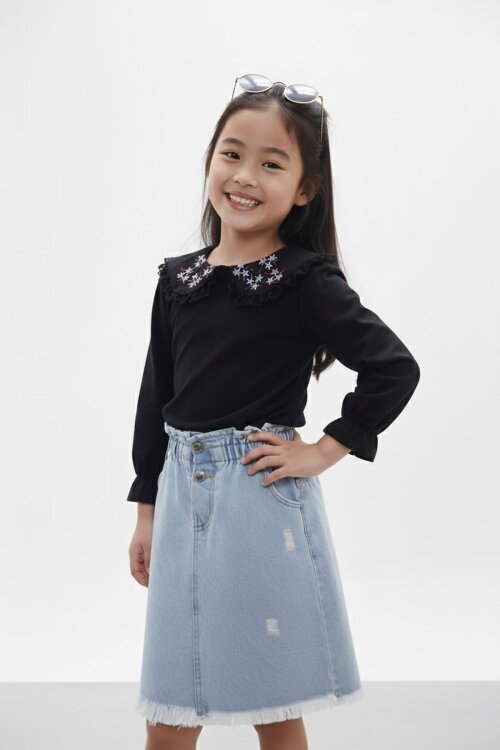 Çiçek Nakışlı Bluzlu Kot Etekli Kız Çocuk Takım 17945