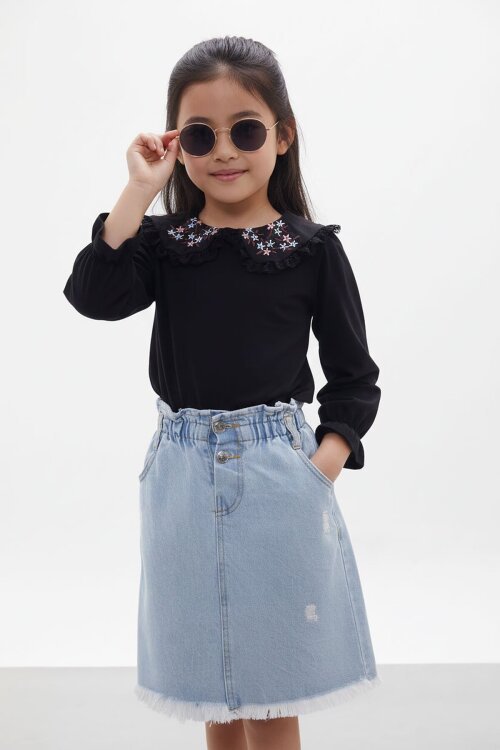 Çiçek Nakışlı Bluzlu Kot Etekli Kız Çocuk Takım 17945