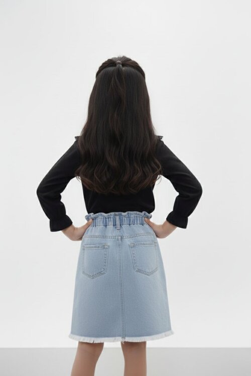 Çiçek Nakışlı Bluzlu Kot Etekli Kız Çocuk Takım 17945