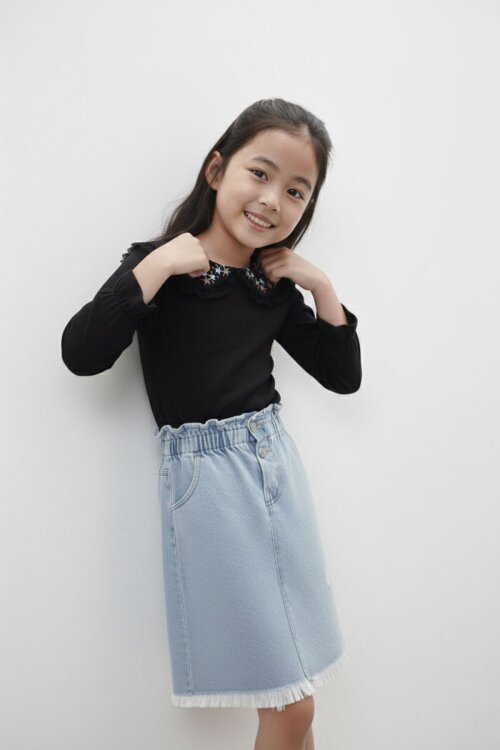 Çiçek Nakışlı Bluzlu Kot Etekli Kız Çocuk Takım 17945