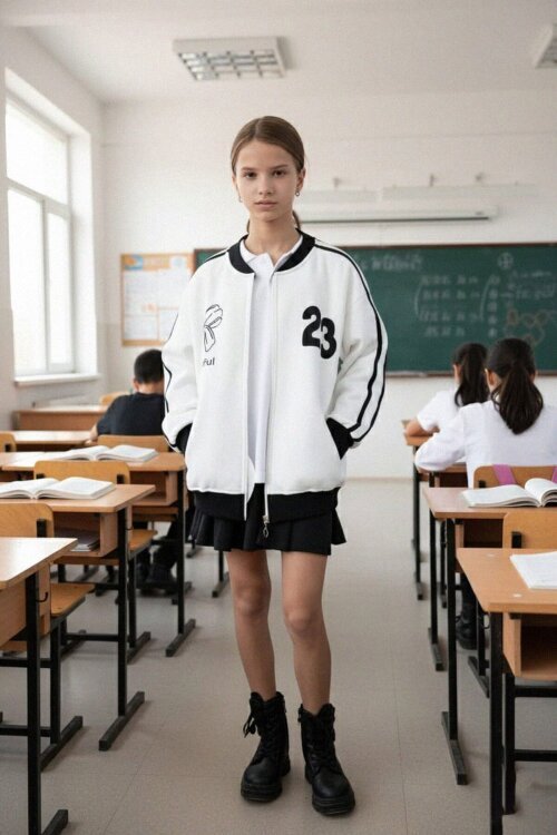 Ekru Beautifull Yazılı Kolu Şeritli Kız Çocuk Kolej Hırka 21192