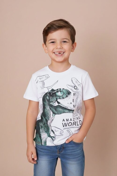 Ekru Dinozor Baskılı Bisiklet Yaka Erkek Bebek Tişört 20952