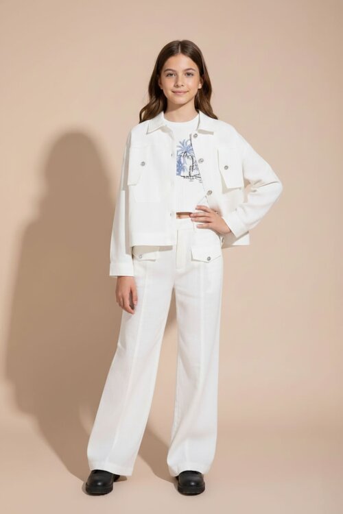 Ekru Düğme Detaylı Keten Gömlekli Pantolonlu Kız Çocuk 3lü Takım 23496