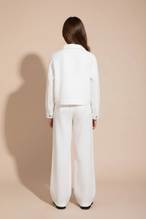 Ekru Düğme Detaylı Keten Gömlekli Pantolonlu Kız Çocuk 3lü Takım 23496