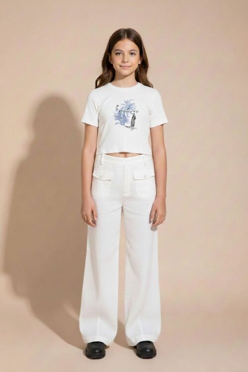 Ekru Düğme Detaylı Keten Gömlekli Pantolonlu Kız Çocuk 3lü Takım 23496